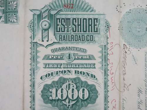 1885 West Shore Railroad Company, $1000 Bond Certificate With  Coupons 867