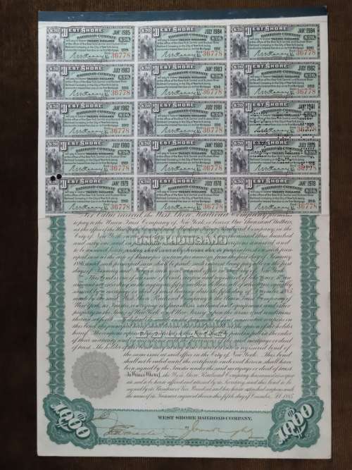 1885 West Shore Railroad Company, $1000 Bond Certificate With  Coupons 36778