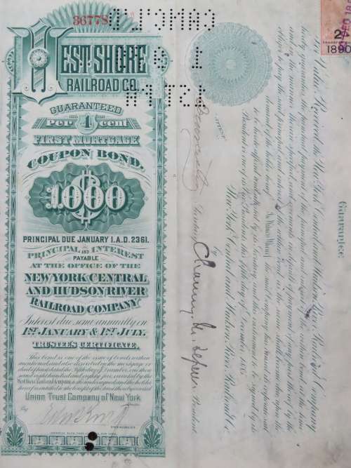1885 West Shore Railroad Company, $1000 Bond Certificate With  Coupons 36778