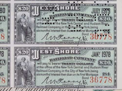 1885 West Shore Railroad Company, $1000 Bond Certificate With  Coupons 36778