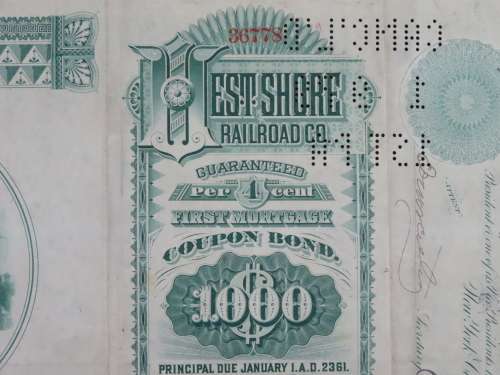 1885 West Shore Railroad Company, $1000 Bond Certificate With  Coupons 36778