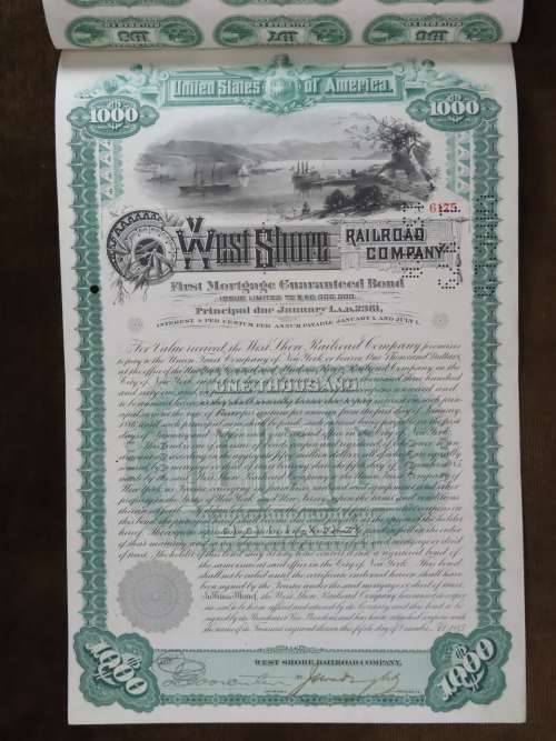 1885 West Shore Railroad Company, $1000 Bond Certificate With  Coupons 6175