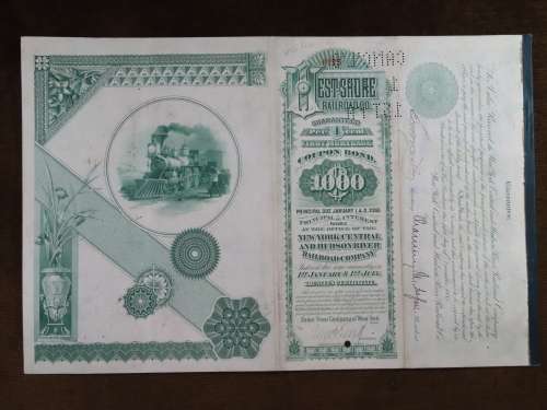 1885 West Shore Railroad Company, $1000 Bond Certificate With  Coupons 6175