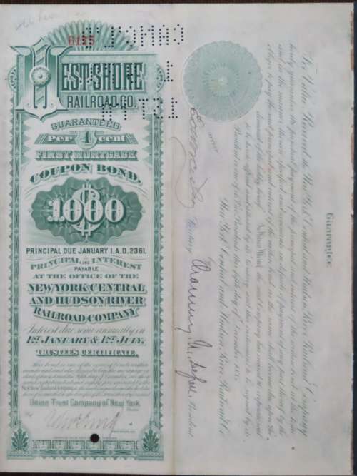 1885 West Shore Railroad Company, $1000 Bond Certificate With  Coupons 6175