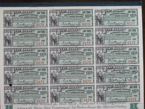 1885 West Shore Railroad Company, $1000 Bond Certificate With  Coupons 6175