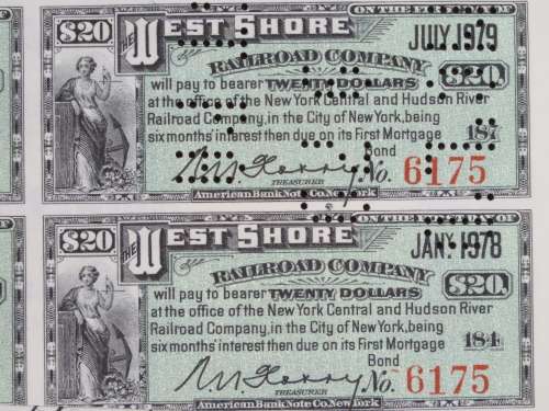 1885 West Shore Railroad Company, $1000 Bond Certificate With  Coupons 6175