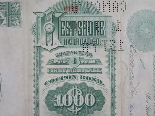 1885 West Shore Railroad Company, $1000 Bond Certificate With  Coupons 6175