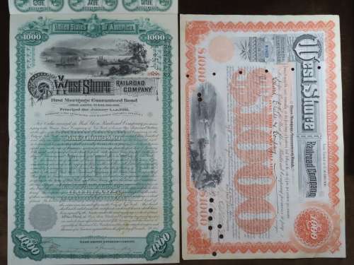 Set of 2 1885 to 1927 West Shore Railroad Company, $1000 Bond Certificate With  Coupons 33798