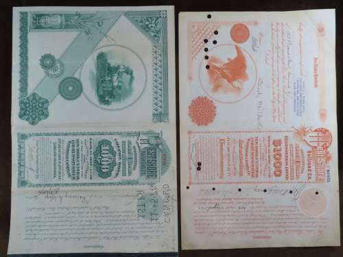 Set of 2 1885 to 1927 West Shore Railroad Company, $1000 Bond Certificate With  Coupons 33798