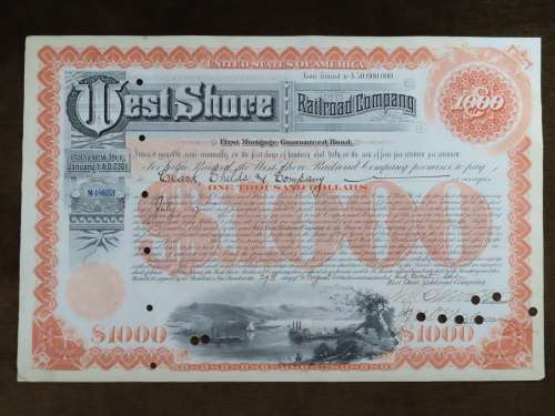 Set of 2 1885 to 1927 West Shore Railroad Company, $1000 Bond Certificate With  Coupons 33798