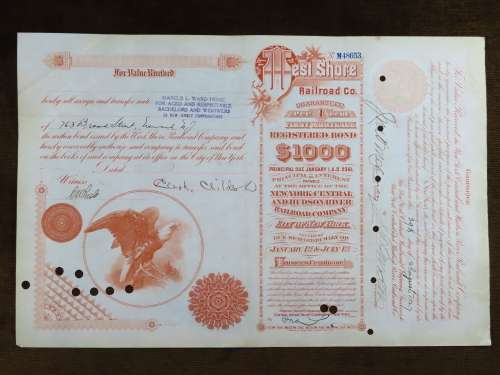 Set of 2 1885 to 1927 West Shore Railroad Company, $1000 Bond Certificate With  Coupons 33798