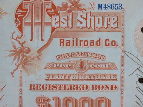 Set of 2 1885 to 1927 West Shore Railroad Company, $1000 Bond Certificate With  Coupons 33798