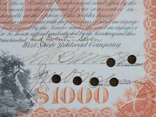 Set of 2 1885 to 1927 West Shore Railroad Company, $1000 Bond Certificate With  Coupons 33798