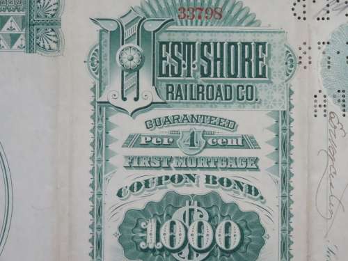 Set of 2 1885 to 1927 West Shore Railroad Company, $1000 Bond Certificate With  Coupons 33798