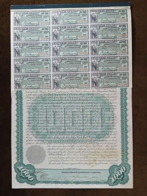 Set of 2 1885 to 1927 West Shore Railroad Company, $1000 Bond Certificate With  Coupons 33798