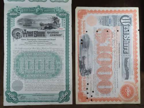 Set of 2 1885 to 1927 West Shore Railroad Company, $1000 Bond Certificate With  Coupons 2017