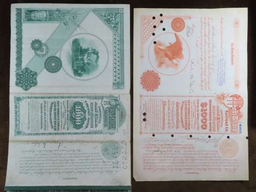 Set of 2 1885 to 1927 West Shore Railroad Company, $1000 Bond Certificate With  Coupons 2017
