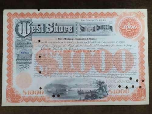 Set of 2 1885 to 1927 West Shore Railroad Company, $1000 Bond Certificate With  Coupons 2017