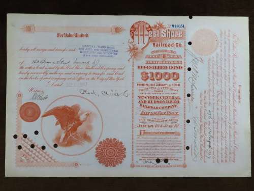 Set of 2 1885 to 1927 West Shore Railroad Company, $1000 Bond Certificate With  Coupons 2017