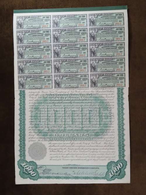 Set of 2 1885 to 1927 West Shore Railroad Company, $1000 Bond Certificate With  Coupons 2017