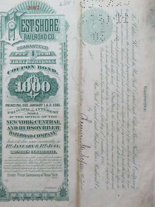 Set of 2 1885 to 1927 West Shore Railroad Company, $1000 Bond Certificate With  Coupons 2017