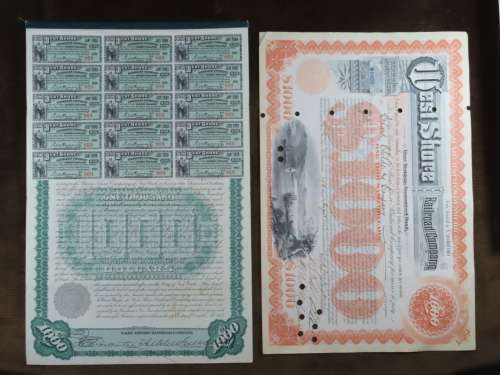 Set of 2 1885 to 1927 West Shore Railroad Company, $1000 Bond Certificate With  Coupons 869