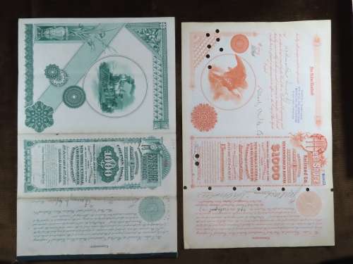 Set of 2 1885 to 1927 West Shore Railroad Company, $1000 Bond Certificate With  Coupons 869