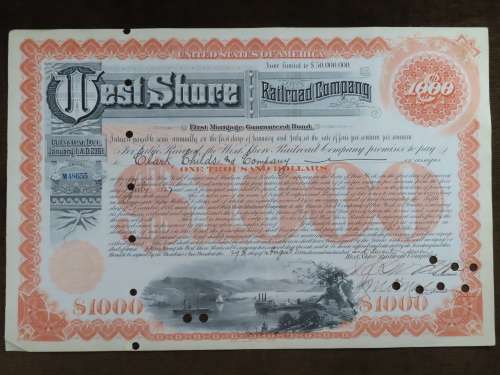 Set of 2 1885 to 1927 West Shore Railroad Company, $1000 Bond Certificate With  Coupons 869