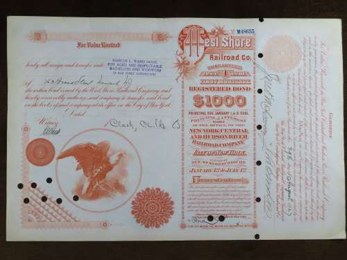 Set of 2 1885 to 1927 West Shore Railroad Company, $1000 Bond Certificate With  Coupons 869