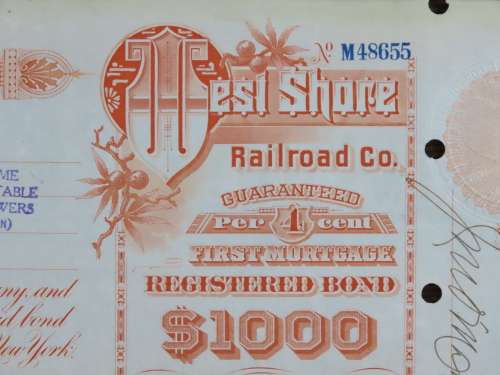 Set of 2 1885 to 1927 West Shore Railroad Company, $1000 Bond Certificate With  Coupons 869