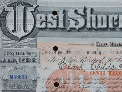 Set of 2 1885 to 1927 West Shore Railroad Company, $1000 Bond Certificate With  Coupons 869