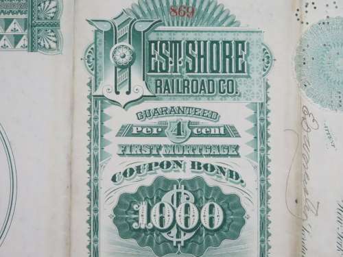 Set of 2 1885 to 1927 West Shore Railroad Company, $1000 Bond Certificate With  Coupons 869