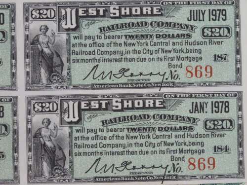 Set of 2 1885 to 1927 West Shore Railroad Company, $1000 Bond Certificate With  Coupons 869