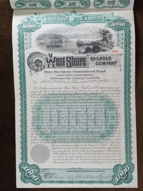 Set of 2 1885 to 1927 West Shore Railroad Company, $1000 Bond Certificate With  Coupons 869