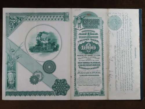 Set of 2 1885 to 1927 West Shore Railroad Company, $1000 Bond Certificate With  Coupons 869
