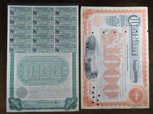 Set of 2 1885 to 1927 West Shore Railroad Company, $1000 Bond Certificate With  Coupons 36759