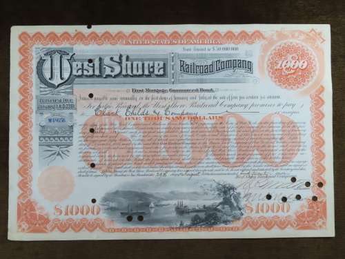 Set of 2 1885 to 1927 West Shore Railroad Company, $1000 Bond Certificate With  Coupons 36759