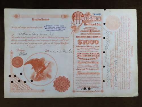 Set of 2 1885 to 1927 West Shore Railroad Company, $1000 Bond Certificate With  Coupons 36759