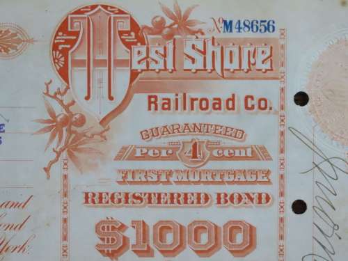 Set of 2 1885 to 1927 West Shore Railroad Company, $1000 Bond Certificate With  Coupons 36759