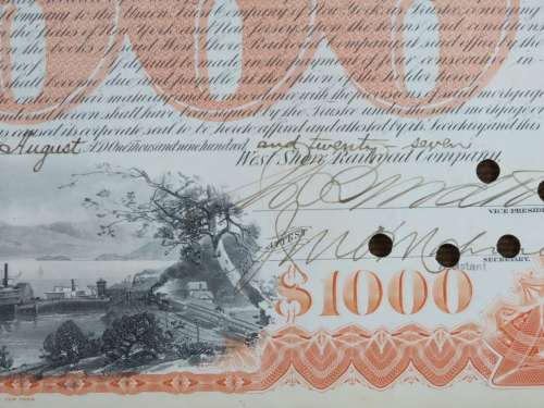Set of 2 1885 to 1927 West Shore Railroad Company, $1000 Bond Certificate With  Coupons 36759