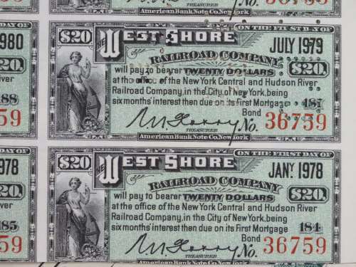 Set of 2 1885 to 1927 West Shore Railroad Company, $1000 Bond Certificate With  Coupons 36759