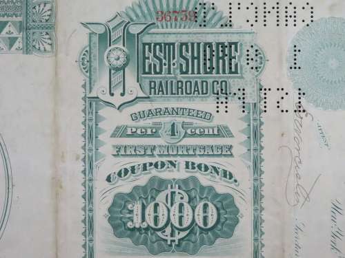 Set of 2 1885 to 1927 West Shore Railroad Company, $1000 Bond Certificate With  Coupons 36759