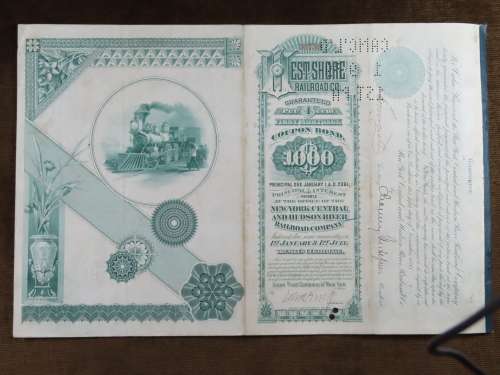 Set of 2 1885 to 1927 West Shore Railroad Company, $1000 Bond Certificate With  Coupons 36759