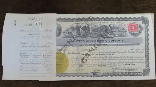 1924 WEstern Union Mining Company, Stock Certificate, 1000 Shares , 3123