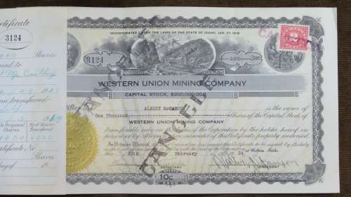 1924 WEstern Union Mining Company, Stock Certificate, 1000 Shares , 3124