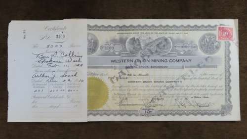1924 WEstern Union Mining Company, Stock Certificate, 5000 Shares , 3100