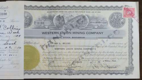1924 WEstern Union Mining Company, Stock Certificate, 5000 Shares , 3100