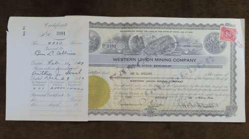 1924 WEstern Union Mining Company, Stock Certificate, 5000 Shares , 3101