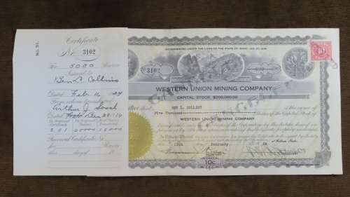 1924 WEstern Union Mining Company, Stock Certificate, 5000 Shares , 3102