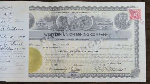 1924 WEstern Union Mining Company, Stock Certificate, 5000 Shares , 3102